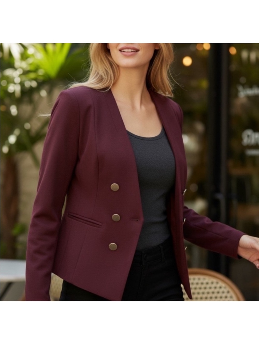 Forever 21 Women's Double-Breasted Blazer in Deep Wine